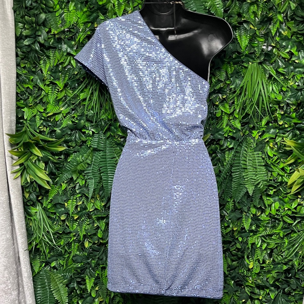 Lulus Dress Medium Purple Sequin One Shoulder Mini Asymmetrical Bodycon 3698 - Picture 7 of 9